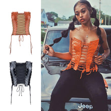 Load image into Gallery viewer, Cool Street Style Sexy Cutout Lace-up Fishbone Faux Leather Tunic Top Women Sleeveless Slim Fit Camisole Tight Waist Crop Top