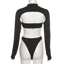 Load image into Gallery viewer, Women Black Super Sexy Jumpsuit Round Neck Wrap Chest Open Back Slim Fit Long Sleeve Bodysuit For Beach Date Onesies Two-piece