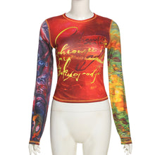 Load image into Gallery viewer, Round Neck Long Sleeve Crop Top Vogue Print Daily Versatile Women Wrap Chest Slim Fit Mesh T-shirt