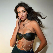 Load image into Gallery viewer, PU Leather Sexy Hot Babes T-shirt Summer Cross Chain Halterneck Outer Wear Tube Top Women Underwear Bandeau Top