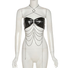Load image into Gallery viewer, PU Leather Sexy Hot Babes T-shirt Summer Cross Chain Halterneck Outer Wear Tube Top Women Underwear Bandeau Top