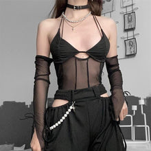 Load image into Gallery viewer, Low Cut Sexy Black Halterneck Lace-up Women Open-back Mesh See-through Tops For Club Party Date Transparent Long Sleeve T Shirt