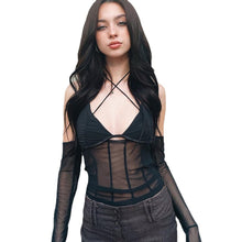 Load image into Gallery viewer, Low Cut Sexy Black Halterneck Lace-up Women Open-back Mesh See-through Tops For Club Party Date Transparent Long Sleeve T Shirt