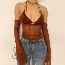 Load image into Gallery viewer, Low Cut Sexy Black Halterneck Lace-up Women Open-back Mesh See-through Tops For Club Party Date Transparent Long Sleeve T Shirt