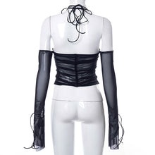 Load image into Gallery viewer, Low Cut Sexy Black Halterneck Lace-up Women Open-back Mesh See-through Tops For Club Party Date Transparent Long Sleeve T Shirt
