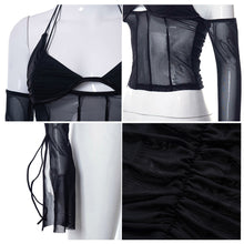 Load image into Gallery viewer, Low Cut Sexy Black Halterneck Lace-up Women Open-back Mesh See-through Tops For Club Party Date Transparent Long Sleeve T Shirt