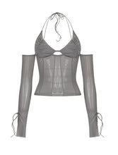 Load image into Gallery viewer, Low Cut Sexy Black Halterneck Lace-up Women Open-back Mesh See-through Tops For Club Party Date Transparent Long Sleeve T Shirt