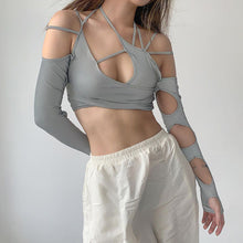 Load image into Gallery viewer, Lace-up Sling Halter Neck Hollow Design Wrap Long Sleeve Backless T-shirt Summer Sexy Slim Versatile Party Date Club Crop Tops