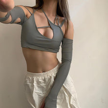 Load image into Gallery viewer, Lace-up Sling Halter Neck Hollow Design Wrap Long Sleeve Backless T-shirt Summer Sexy Slim Versatile Party Date Club Crop Tops