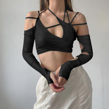 Load image into Gallery viewer, Lace-up Sling Halter Neck Hollow Design Wrap Long Sleeve Backless T-shirt Summer Sexy Slim Versatile Party Date Club Crop Tops