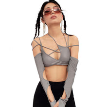 Load image into Gallery viewer, Lace-up Sling Halter Neck Hollow Design Wrap Long Sleeve Backless T-shirt Summer Sexy Slim Versatile Party Date Club Crop Tops
