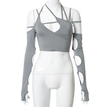 Load image into Gallery viewer, Lace-up Sling Halter Neck Hollow Design Wrap Long Sleeve Backless T-shirt Summer Sexy Slim Versatile Party Date Club Crop Tops