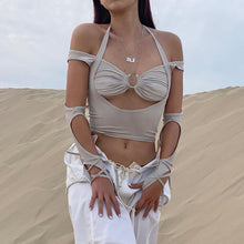 Load image into Gallery viewer, Ins Style Modern Solid Color Tie-up Halter Neck Women Crop Smocked Top Wrap Chest Slim Fit Low Cut T-shirt
