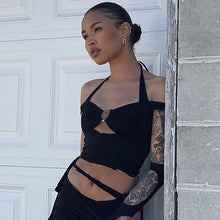 Load image into Gallery viewer, Ins Style Modern Solid Color Tie-up Halter Neck Women Crop Smocked Top Wrap Chest Slim Fit Low Cut T-shirt