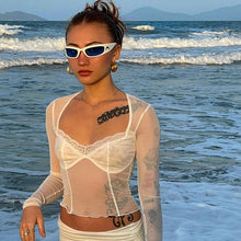 Load image into Gallery viewer, Mesh See-through Elegant Lace Stitching Tops Summer Slightly Transparent Women Long Sleeve T-shirt Low Cut Crop Tops