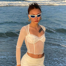 Load image into Gallery viewer, Mesh See-through Elegant Lace Stitching Tops Summer Slightly Transparent Women Long Sleeve T-shirt Low Cut Crop Tops