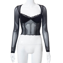Load image into Gallery viewer, Mesh See-through Elegant Lace Stitching Tops Summer Slightly Transparent Women Long Sleeve T-shirt Low Cut Crop Tops