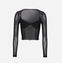Load image into Gallery viewer, Mesh See-through Elegant Lace Stitching Tops Summer Slightly Transparent Women Long Sleeve T-shirt Low Cut Crop Tops