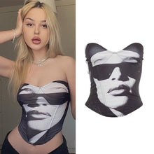 Load image into Gallery viewer, Black White Printing Sleeveless Off Shoulder Irregular V-neck Tube Tops Sexy Summer Club Party Date Slim Fit Vest T-shirt