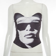 Load image into Gallery viewer, Black White Printing Sleeveless Off Shoulder Irregular V-neck Tube Tops Sexy Summer Club Party Date Slim Fit Vest T-shirt