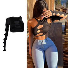 Load image into Gallery viewer, Outer Wear Sexy One-shoulder Long Sleeve Cutout Ripped T-shirt Round Neck Hollow Slim Fit Tube Top Women Cropped Tops