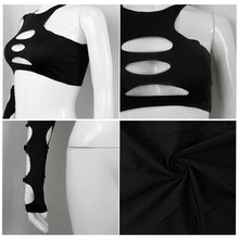 Load image into Gallery viewer, Outer Wear Sexy One-shoulder Long Sleeve Cutout Ripped T-shirt Round Neck Hollow Slim Fit Tube Top Women Cropped Tops