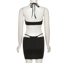 Load image into Gallery viewer, Summer Beach Bikini Outfit Sexy Low-cut Halterneck Solid Color Hollow-out Slim Fit Strappy Wrap Hip Skirt + Tops Suit Two-piece