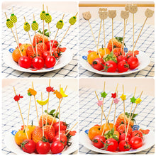 Load image into Gallery viewer, 100pcs 12cm Disposable Bamboo Pick Fruit Sticks Buffet Cupcake Fruit Fork Party Dessert Salad Sticks Wedding Decoration