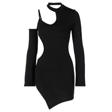 Load image into Gallery viewer, Long Sleeve Sexy Waist Side Hollow Solid Color Unilateral Suspender Dress Cutout Round Neck Short Dress