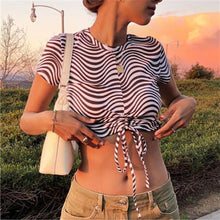 Load image into Gallery viewer, Striped Print Short Sleeve T-shirt Round Neck Tie-up Crop Tops Sexy Slim Girls Fashion Shirts