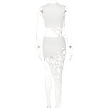 Load image into Gallery viewer, Solid Color Two-piece Sleeveless Ripped Tops + Hollow Skirt Set Round Neck Sexy Fashion Navel Top Slim-fitting Suit