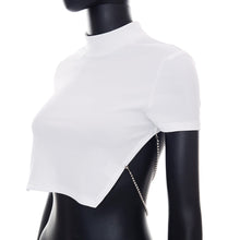 Load image into Gallery viewer, Large Area Open Back Chain Short Sleeve T-shirt Street Style Hot Girl Solid Color Backless Slim Sexy White Tops