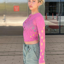 Load image into Gallery viewer, Polka Dot Ripped Tops Hollow See-through Fashion Printed Cutout Sheer Cropped Navel Long Sleeve Slim Female T-shirt
