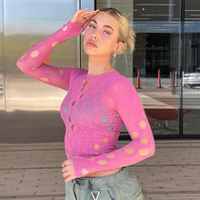 Load image into Gallery viewer, Polka Dot Ripped Tops Hollow See-through Fashion Printed Cutout Sheer Cropped Navel Long Sleeve Slim Female T-shirt