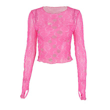 Load image into Gallery viewer, Polka Dot Ripped Tops Hollow See-through Fashion Printed Cutout Sheer Cropped Navel Long Sleeve Slim Female T-shirt