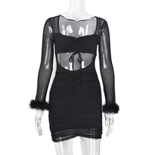 Load image into Gallery viewer, Cutout Tie-up Long Sleeve Mesh See-through Female Dress Square Neck Waist Hollow Open Back Slim Fit Sheer Solid Color Dress