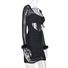 Load image into Gallery viewer, Cutout Tie-up Long Sleeve Mesh See-through Female Dress Square Neck Waist Hollow Open Back Slim Fit Sheer Solid Color Dress