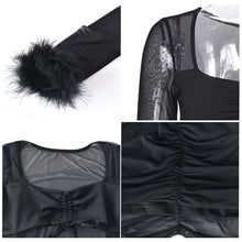 Load image into Gallery viewer, Cutout Tie-up Long Sleeve Mesh See-through Female Dress Square Neck Waist Hollow Open Back Slim Fit Sheer Solid Color Dress