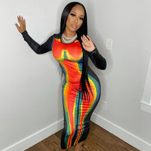 Load image into Gallery viewer, Heat Sensing Print Design Contrast Color Slim Fit Long Sleeve Dress Round Neck Tight Waist Long Dress