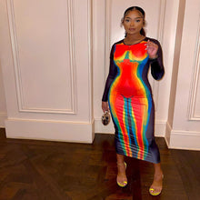 Load image into Gallery viewer, Heat Sensing Print Design Contrast Color Slim Fit Long Sleeve Dress Round Neck Tight Waist Long Dress