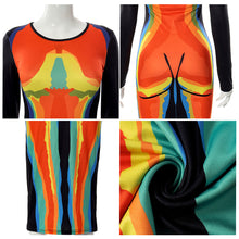 Load image into Gallery viewer, Heat Sensing Print Design Contrast Color Slim Fit Long Sleeve Dress Round Neck Tight Waist Long Dress