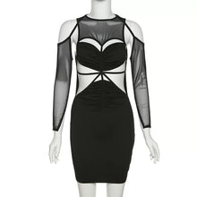 Load image into Gallery viewer, Round Neck Off-shoulder Sling Mesh Long Sleeve Panel Sexy Waist Cutout Dress Slim Fit Strappy Short Dress
