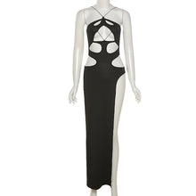 Load image into Gallery viewer, French Suspender Halterneck Off-shoulder High Waist Slit Maxi Dress Solid Color Slim Fit Hollow Ripped Long Dress