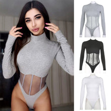 Load image into Gallery viewer, High Round Neck Skinny Sexy Black Slim Fit Long Sleeve Mesh See-through One Piece Bodysuit T-shirt