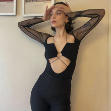 Load image into Gallery viewer, Abstinence Sexy Suspender Bodysuit Long Sleeve Lowcut Hollow One-piece Top Mesh T-shirt
