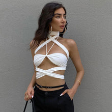 Load image into Gallery viewer, Pullover Halter Neck Hollow Crop Top Tie-up Casual Crop Navel Wrap Chest Tight Waist Top Summer White T-shirt