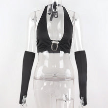Load image into Gallery viewer, Ins Style V-neck Metal Open Back Crop Top Slim Fit Halterneck Vest With Sleeves Nightclub Party Sexy Lowcut Shirt
