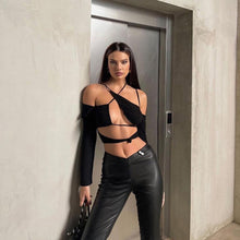 Load image into Gallery viewer, Sexy Hollow Off-shoulder Irregular Slim Corset Ins Fashion Halterneck Solid Color Inner Long-sleeved T-shirt Top
