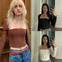 Load image into Gallery viewer, Autumn Solid Color Cardigan Square Neck Shirts Hook Button Waist Mesh Long Sleeve Fashion Casual Top