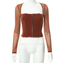 Load image into Gallery viewer, Autumn Solid Color Cardigan Square Neck Shirts Hook Button Waist Mesh Long Sleeve Fashion Casual Top